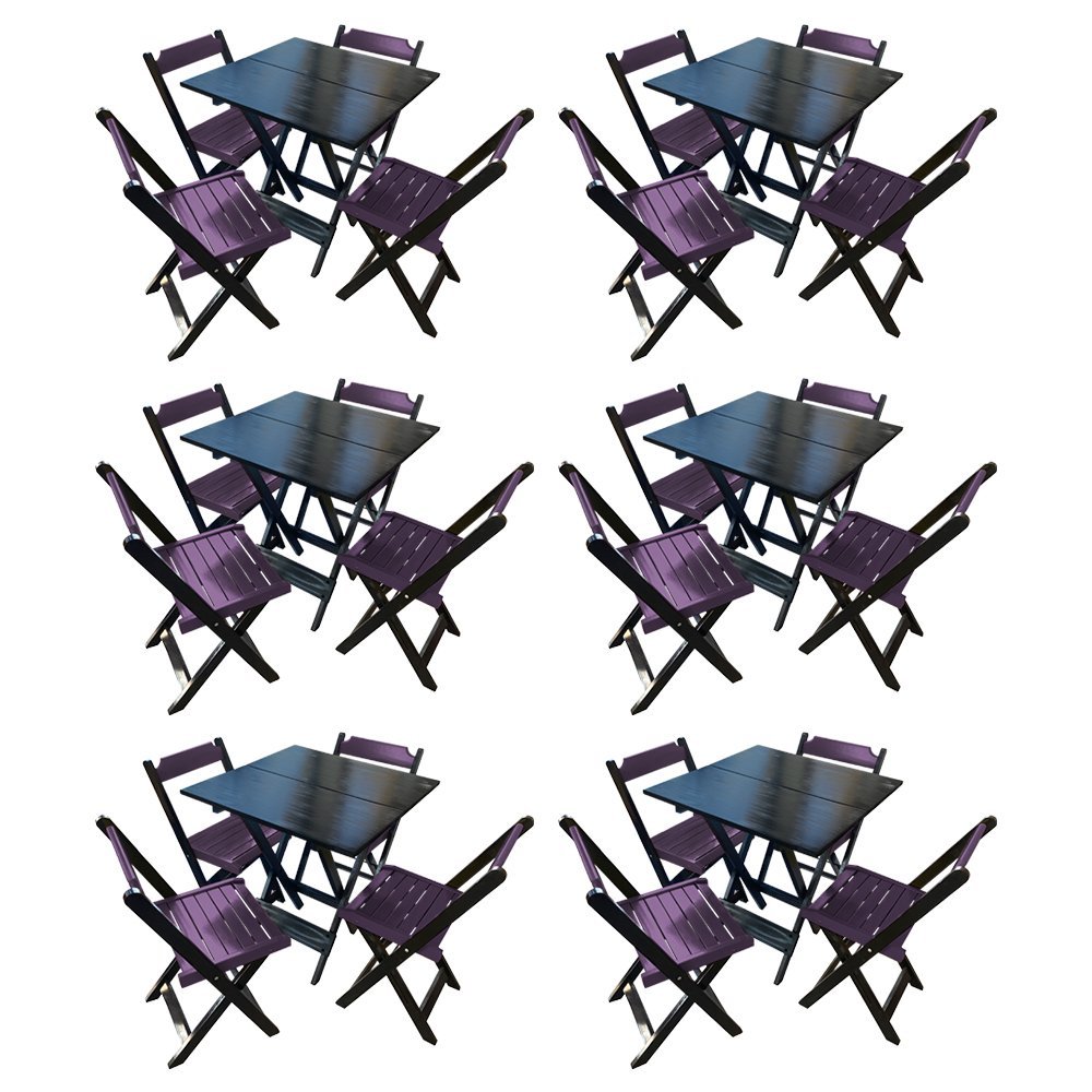 Kit 5 Mesas de Madeira Dobrável Preto 70x70 com 4 Cadeiras Dobráveis Roxo