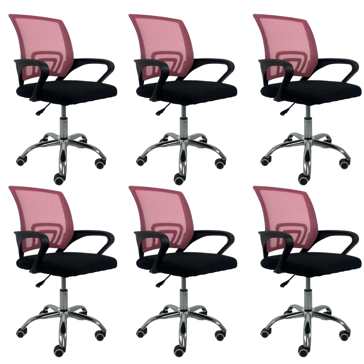 Kit 6 Cadeiras de Escritório Begonia Tela Mesh Ergonômica Giratória - Preto e Rosa - 1