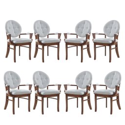 Kit 8 Cadeiras de Jantar Estofada com Braço Florence 45x94Cm Madeira Maciça Linho Bege Cru L71 - RMI - 1