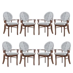 Kit 8 Cadeiras de Jantar Estofada com Braço Florence 45x94Cm Madeira Maciça Linho Bege Cru L71 - RMI