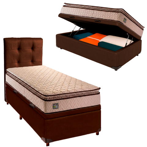 Cama Box Bau com Colchão Solteiro Belmont Hellen + Cabeceira Marrom