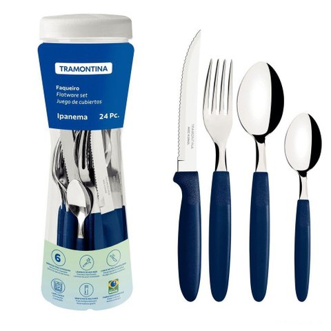 Faqueiro Ipanema Lâminas em Aço Inox Cabos de Polipropileno Azul com Pote Plástico 24 Pçs