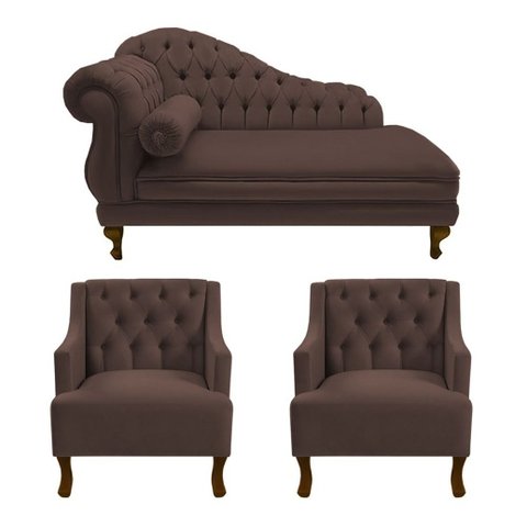 Divã Larissa 150 cm e 2 Poltronas Genesis Suede Marrom