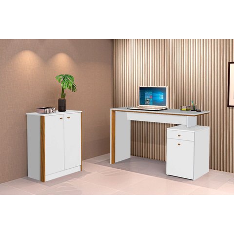 Conjunto e 1 Mesa Escrivaninha e 1 Armário Balcão Office Escritório Branco com Nature - Rede Móveis