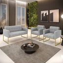 Ver imagem 3 de Kit 1 Sofá Namoradeira e 2 Poltronas Elisa Suede Cinza Base Metálica Industrial Dourada D'Rossi
