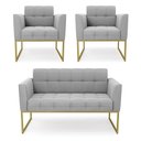 Ver imagem 1 de Kit 1 Sofá Namoradeira e 2 Poltronas Elisa Suede Cinza Base Metálica Industrial Dourada D'Rossi