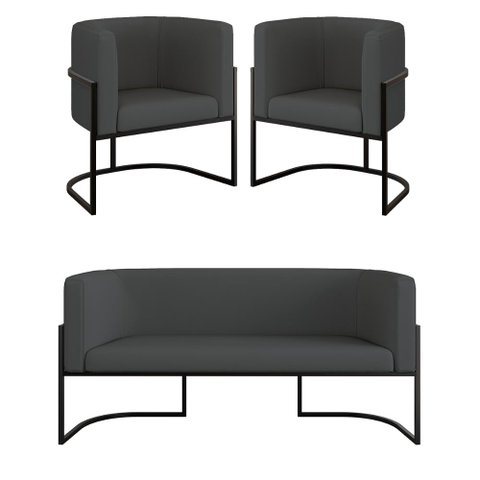 Kit Sofá 2 Lugares + 2 Poltronas Corino para Recepção Preto Cor:cinza