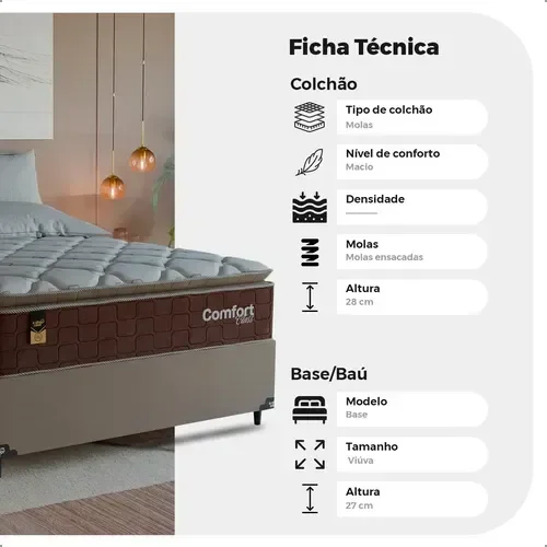 Ver imagem 3 de Cama Box Viúva + Colchão Comfort Class Pillow Top 128x188 Marrom/suede Bege