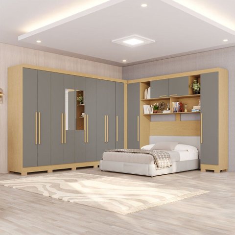 Guarda-Roupa Casal Modulado Portofino 13 Portas 4 Gavetas com Pés e Espelho Jequitibá/Granizo - Pnr 