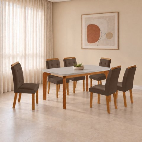 Conjunto de Mesa de Jantar Dublin 180 Tp MDF Vidro Canto Copo 6 Cadeiras Valentina