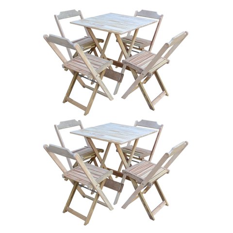 Kit 2 Conjuntos de Mesa com 4 Cadeiras de Madeira Dobrável 70x70 sem Pintura/Crua