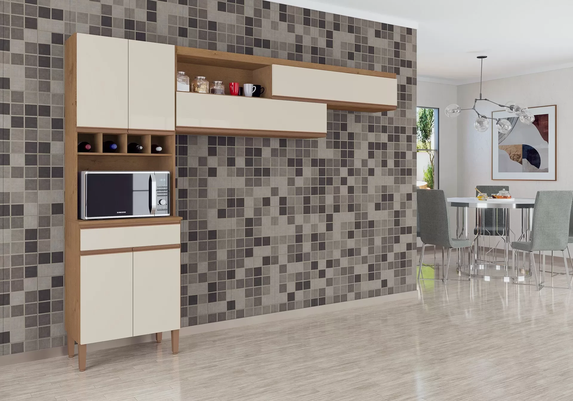 Cozinha Brasília 5 Portas (Itabela) Atualle - Canelado Rústico e Natura Off White - 1