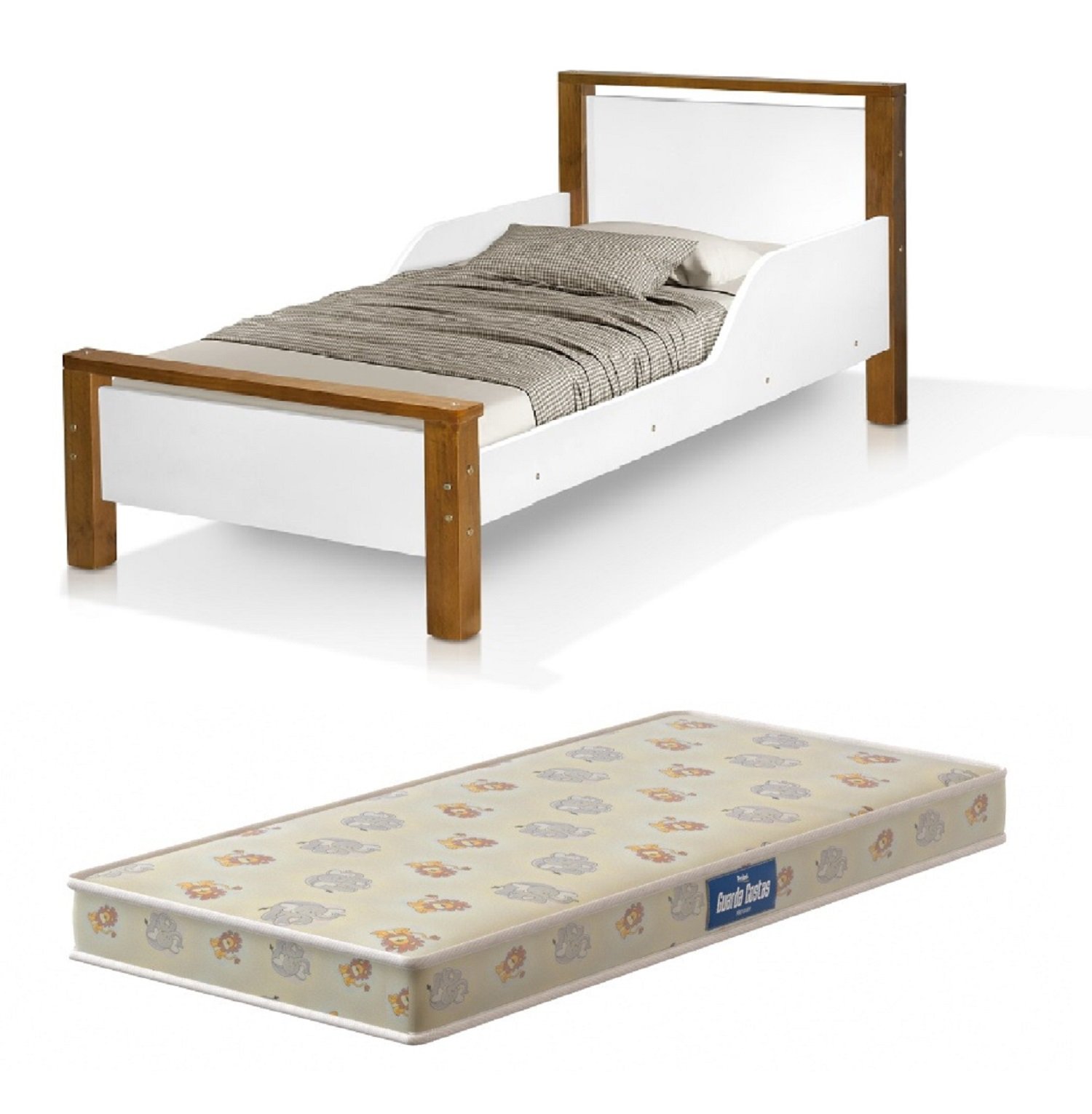 Mini Cama Infantil Meli com Proteção Mdf e Pes de Madeira com Colchão