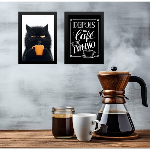 Kit 2 Quadros Café - Gato Mal Humorado 45x34cm:moldura Preta