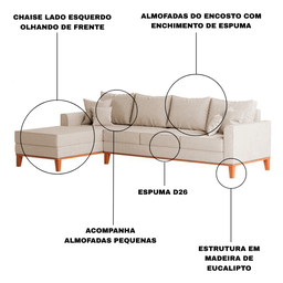 Sofá 4 Lugares Beny com Chaise Lado Esquerdo Linho Bege - 5