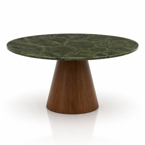 Mesa de Jantar Cone Redonda 140 cm Tampo Mármore Verde Vitória Régia Base Madeira Nogueira