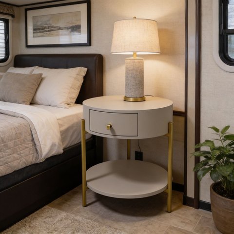 Mesa De Cabeceira Sophie Redondo Com Gaveta - Mdf e metal  - Cor: Cinza Claro