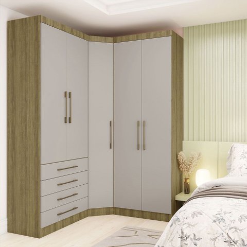 Guarda Roupas Modulado de Canto Diagonal 3 Peças com 5 Portas e 4 Gavetas Paris Luciane Móveis