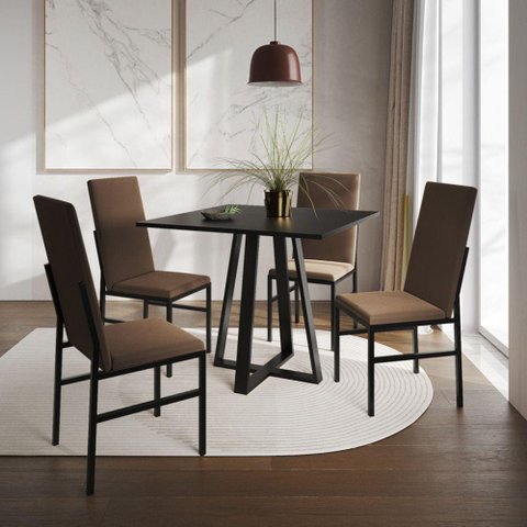 Conjunto de Jantar Mesa Mônaco Premium 90cm Preta com 4 Cadeiras Estofadas Marrom Preto