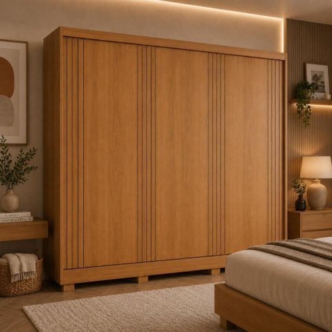 Guarda Roupa Casal CR35538 3 Portas de Correr 4 Gavetas MDF com Pés Madeirado Multimóveis