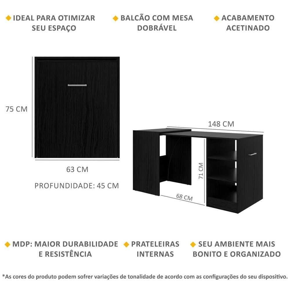 Aparador Bar com Mesa Dobrável Multimóveis Ibiza FG1000 Preto - 3