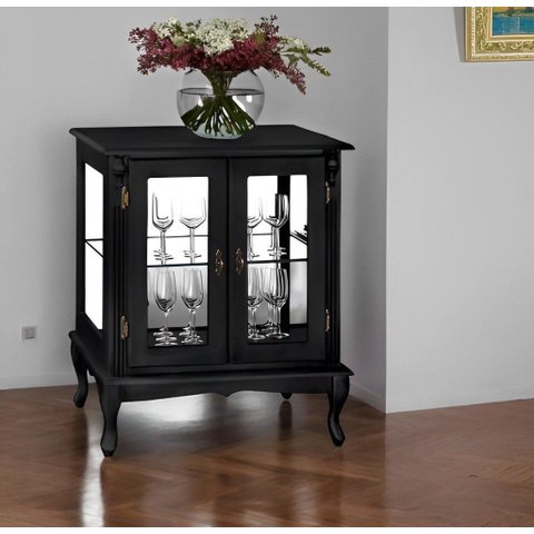 Cristaleira Pequena de Madeira 2 Portas Vidros na Lateral e Espelho Pés Luiz Xv - Preto Laca