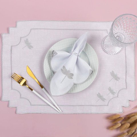 Kit 12 Jogos Americanos Guardanapos de Mesa Retangular Bordado Libélula - Branco
