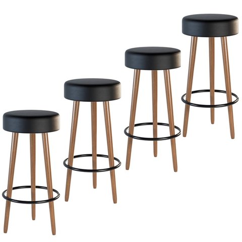 Kit 4 Banquetas Banco Alto Londres Couro Preto Bar Cozinha Pés Madeira Ms Decor