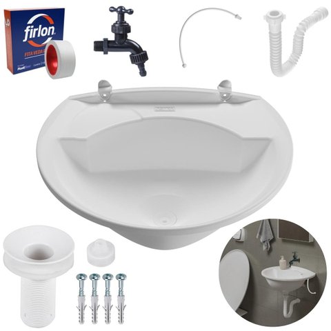 Pia Lavatório Banheiro 4L + Torneira Preta Reforçada + Sifão Universal Sanfonado + Engate Flexível +