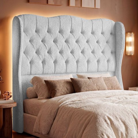 Cabeceira Cama Box Casal Padrão Alora 140cm Estofada Capitonê Moderna Bouclê Branco - Desk Design