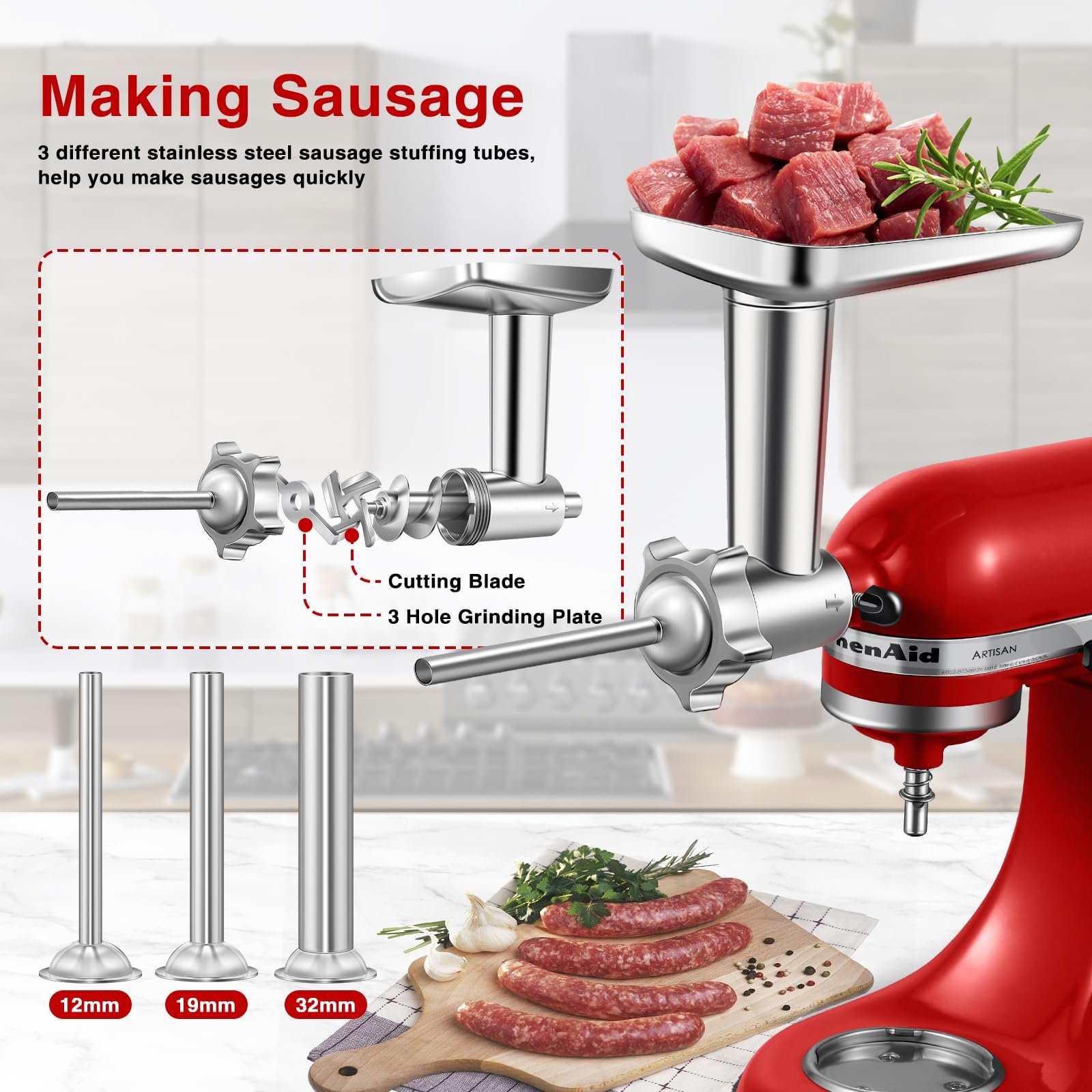 Amzchef Moedor de Carne Compatível com Kitchenaid Stand Mixer (prata) - 4