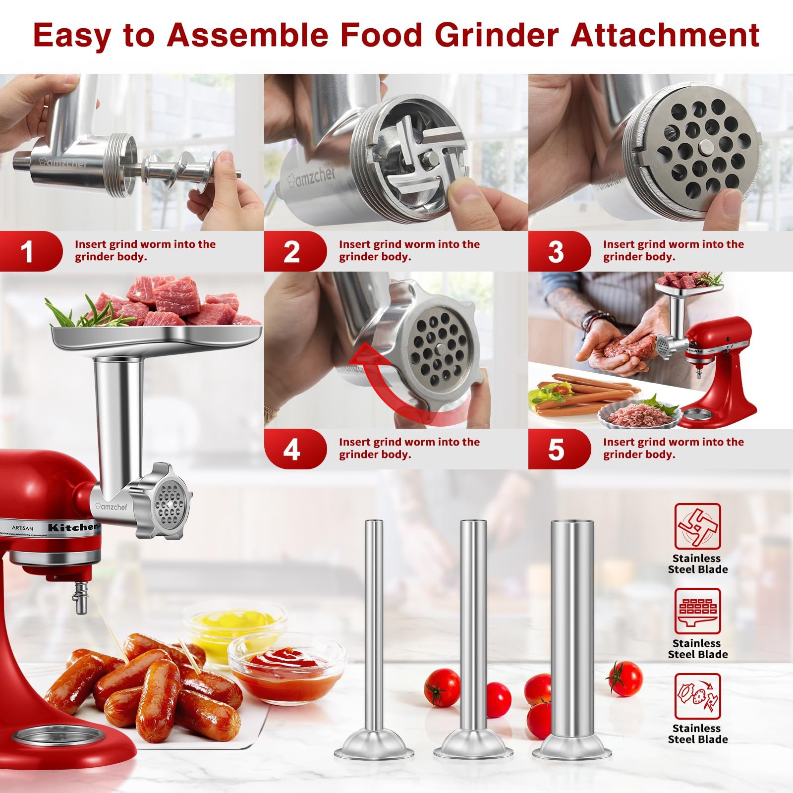 Amzchef Moedor de Carne Compatível com Kitchenaid Stand Mixer (prata) - 5