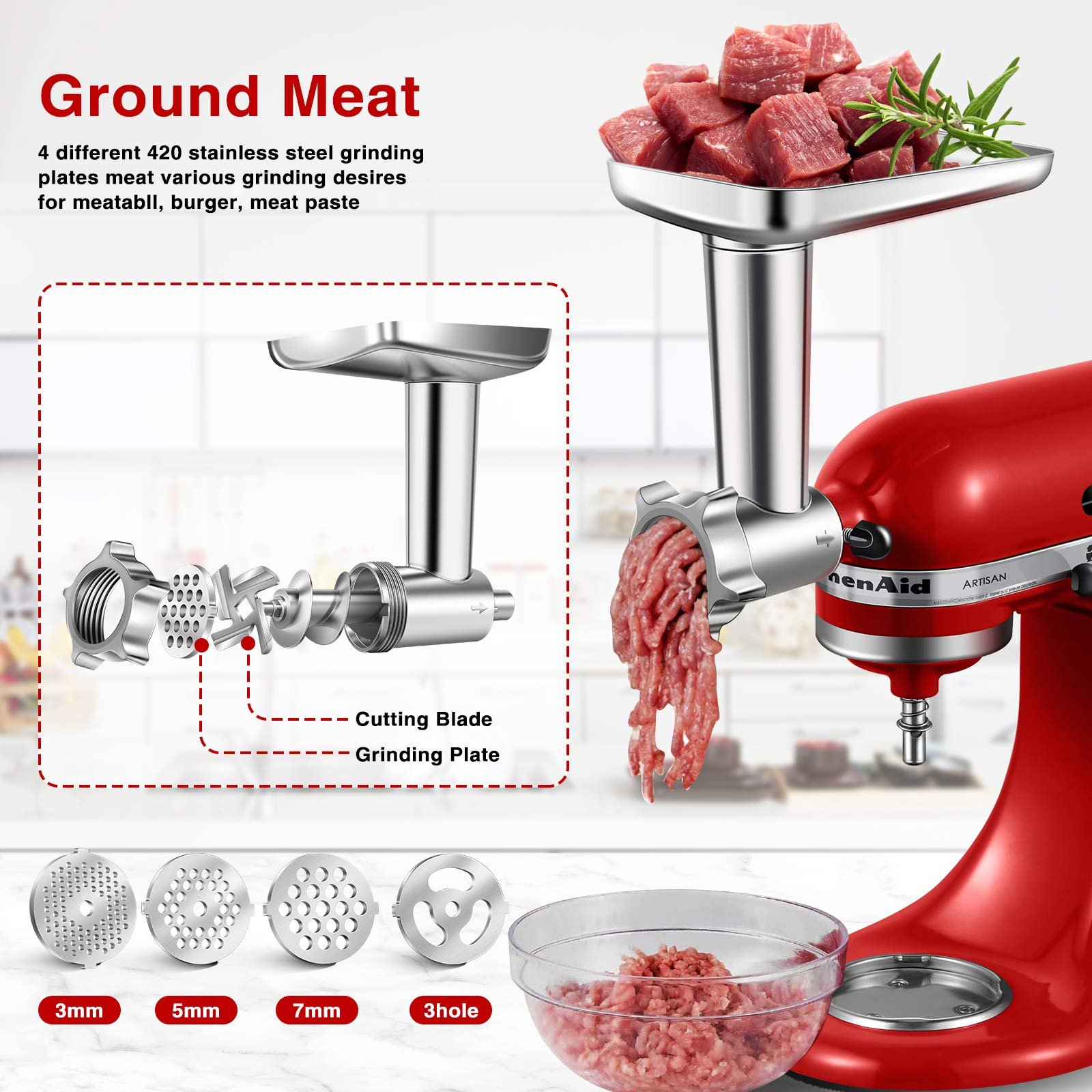 Amzchef Moedor de Carne Compatível com Kitchenaid Stand Mixer (prata) - 3