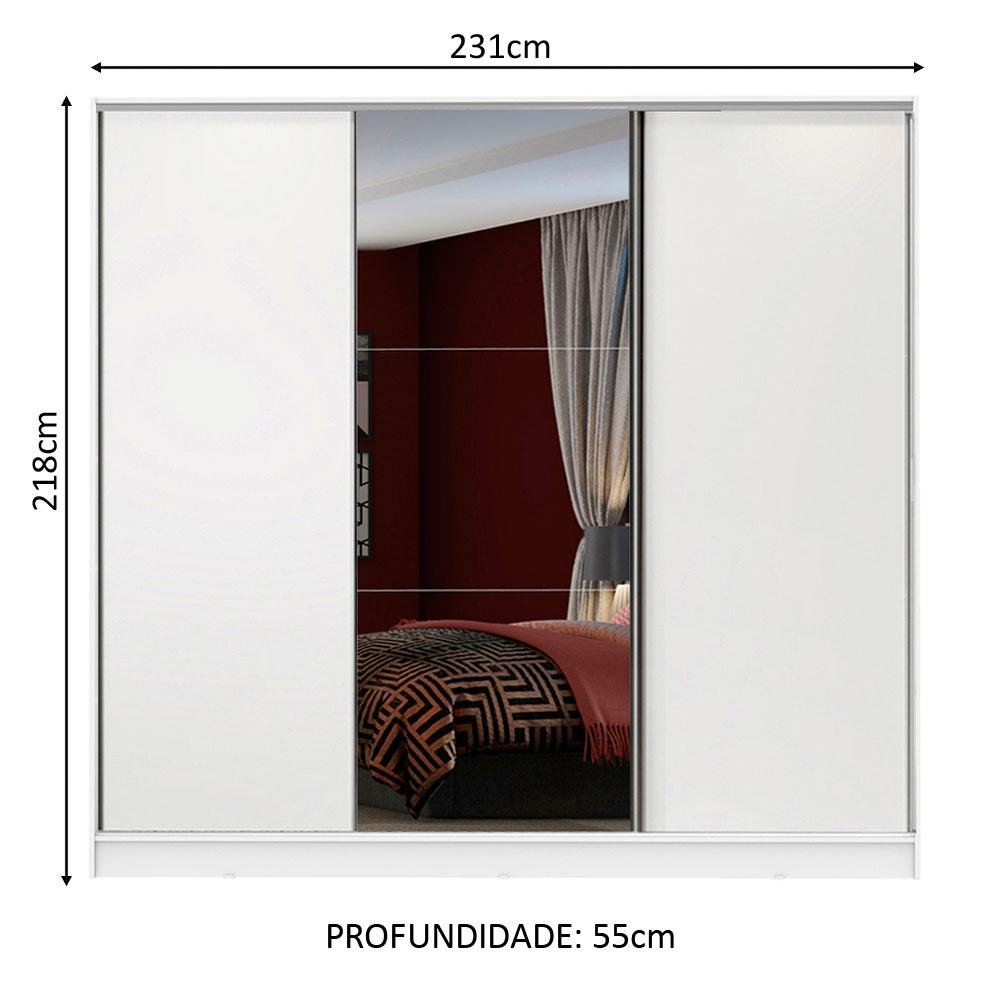 Guarda Roupa Casal 100% Mdf Madesa Zurique 3 Portas de Correr com Espelho - Branco - 3