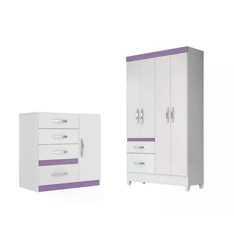 Kit Roupeiro S/Espelho C/Cômoda Branco/rosa/azul/lilas Flex