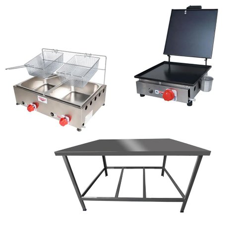 Kit Lanchonete Mesa de Manipulação 100x55cm + Fritadeira a Gás 2 Cuba + Chapa a Gás 30cm