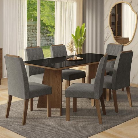 Conjunto Sala de Jantar Tampo de Vidro 6 Cadeiras Rustic/preto/silver Siena Madesa