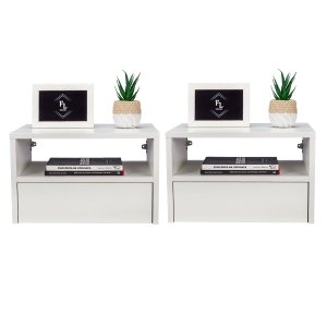 Kit 2 Mesas de Cabeceira Criado Branco 40cm Estilo Suspensa com Gaveta Inferior e Nicho para Quarto