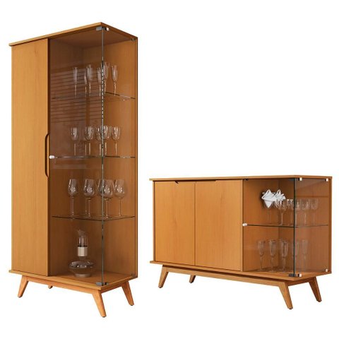 Conjunto Cristaleira e Aparador Buffet Tucumã com 3 Portas Nature