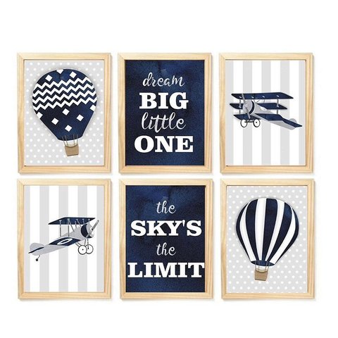 Kit Quadro Balão Aviação Decorativo Quarto Criança Enxoval Bebê Menino
