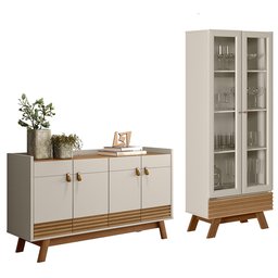 Conjunto Sala de Jantar Cristaleira Marcela e Buffet Luzzo L06 Amêndoa/Off White - Mpozenato - 1 Conjunto Sala de Jantar Cristaleira Marcela e Buffet Luzzo L06 Amêndoa/Off White - Mpozenato - 1