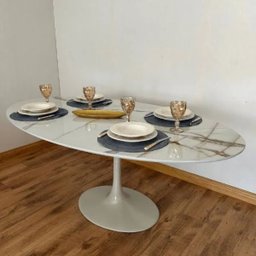 Mesa de Jantar Saarinen Oval 160x90cm em Mdf Calacata Marmorizada Gelo Branco - 4