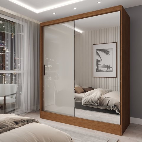 Guarda-roupa Solteiro La Paz 2 Portas 2 Gavetas com Espelho Cinamomo/off White - Panorama Móveis