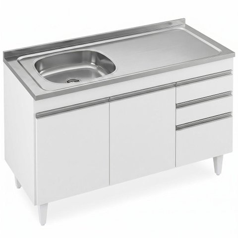 Balcão de Cozinha com Pia Inox Deslocada 120cm Ávila Branco L03 - Mpozenato