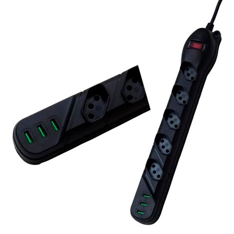 Filtro de Linha 5 Tomadas e 3 Usb Preto Qualitronix