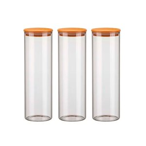 Kit 3 Potes de Vidro Hermético 2000ml com Tampa de Madeira Bambu Porta Condimentos