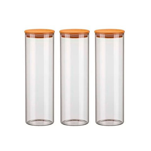 Kit 3 Potes de Vidro Hermético 2000ml com Tampa de Madeira Bambu Porta Condimentos