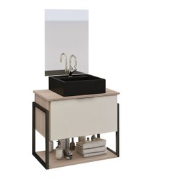 Kit Gabinete Banheiro Completo Industrial Tech 60cm Madeirado/branco - Cuba Preta - 3