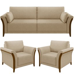 Kit Sofá 03 Lugares 222cm com 02 Poltronas Stefan Pés Madeira M03 Linho Bege Escuro - Lyam Decor - 1
