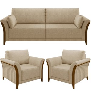 Kit Sofá 03 Lugares 222cm com 02 Poltronas Stefan Pés Madeira M03 Linho Bege Escuro - Lyam Decor